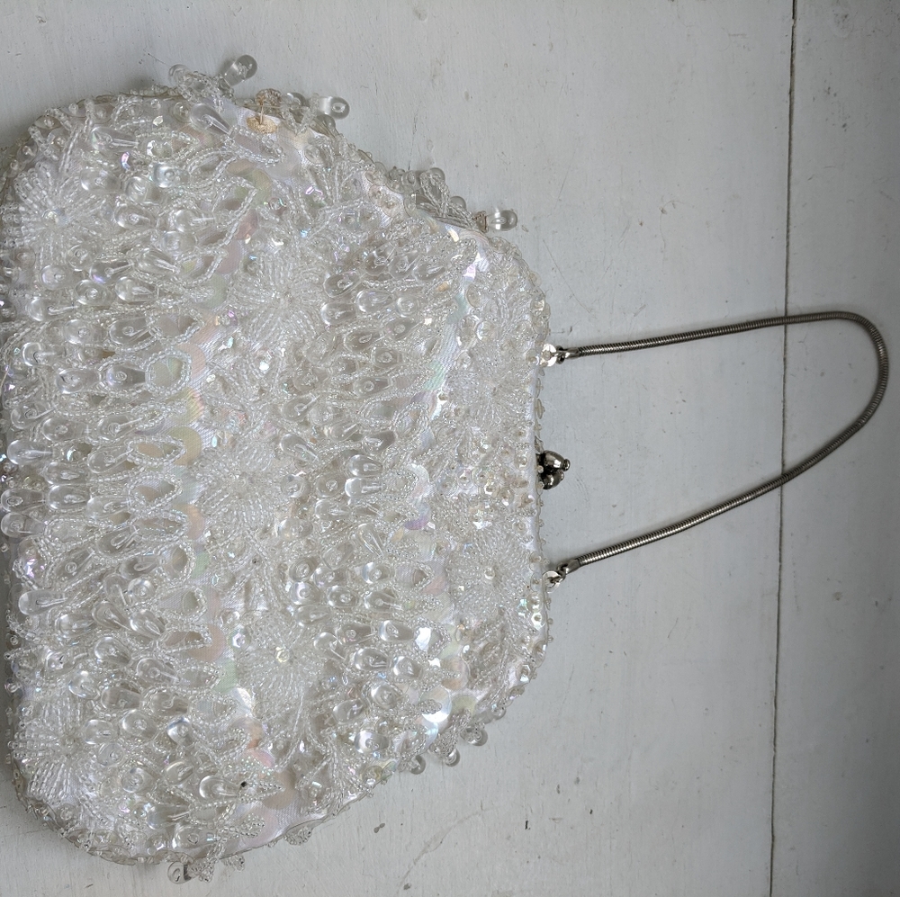Vintage Fringe Beaded Purse Bag Party 60s Wedding Bridal - Picture 4 of 6